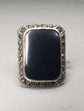 925 Black Onyx Rectangular Silver Accent Ring